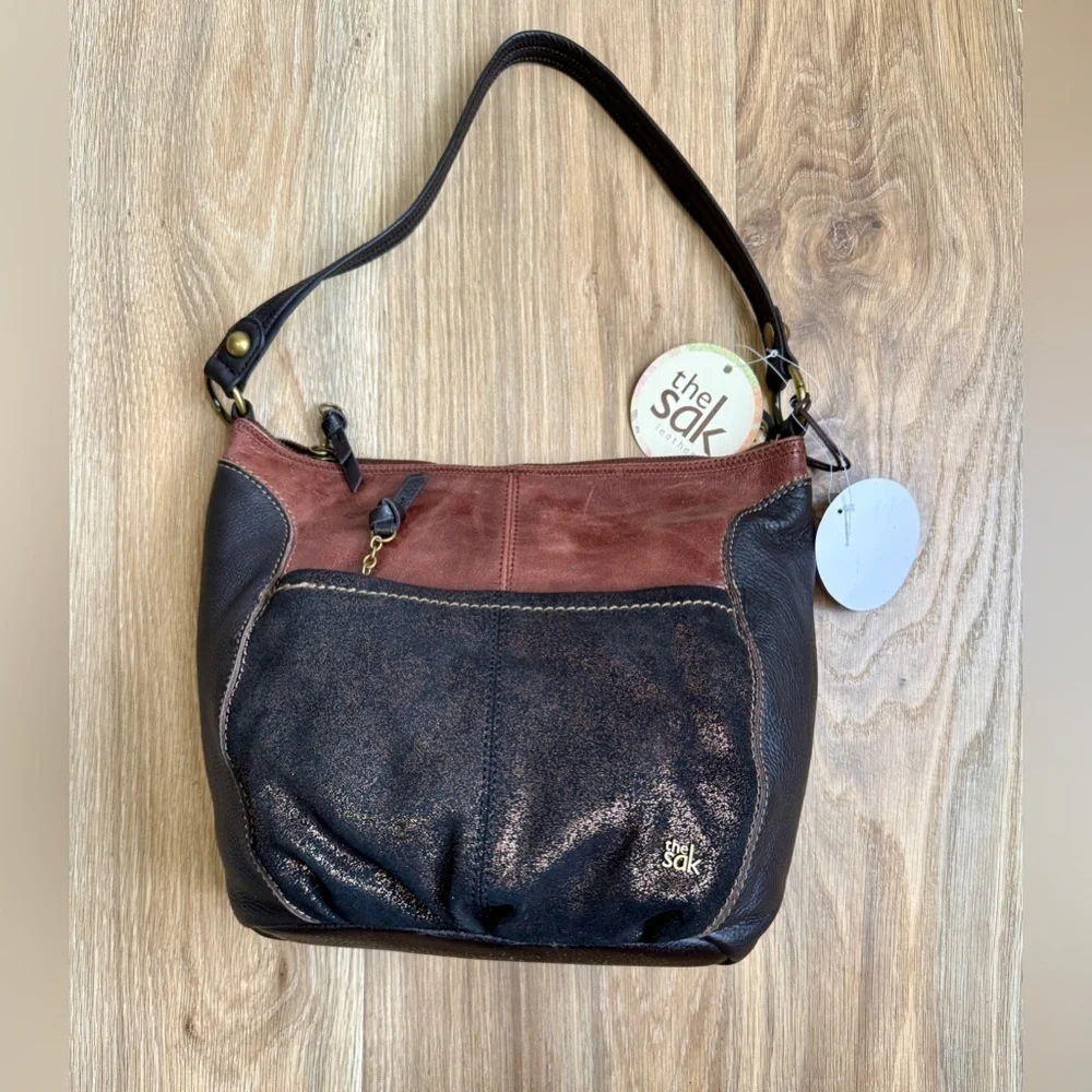 The Sak Brown Metallic partial Leather Hobo Teak Multi Bag NWT
